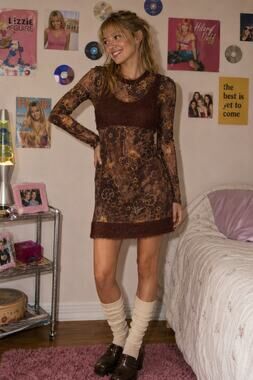 Y2K Brown Mesh Layered Mini Dress Fuzzy Trim Cottagecore Fairy Grunge S